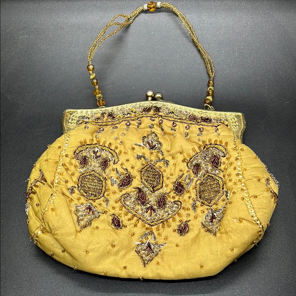 Vintage Christiana Silk Gold Beaded Embroidered Evening Clutch Bag Purse Wallet